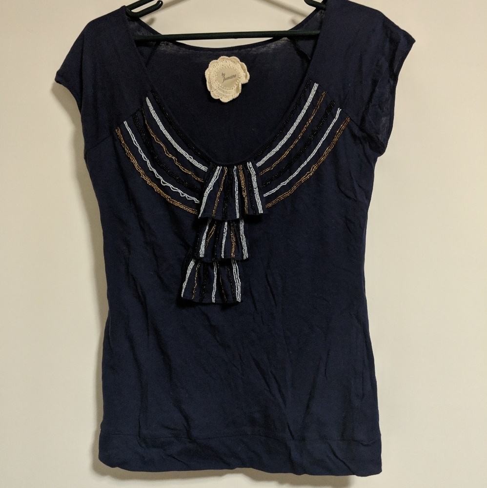 Anthropologie By Francine beaded navy ruffle top